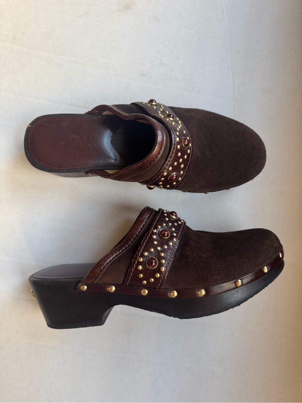 Michael Kors Womens Brown Suede Studded Wooden Clogs Size 6.5 Y2k